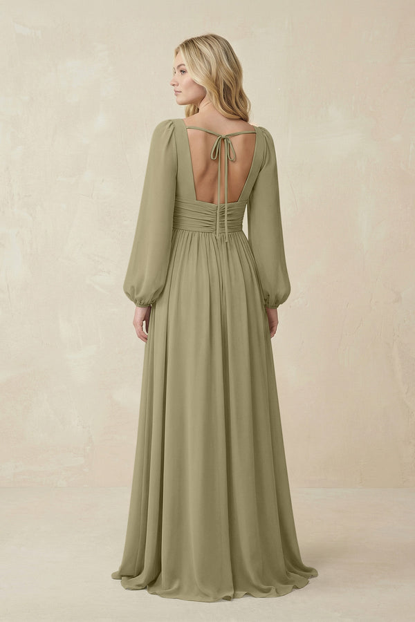 V-Neck Long Sleeve A-Line Chiffon Bridesmaid Dress in Thyme - SHE IS ME BRIDESMAID DRESSES