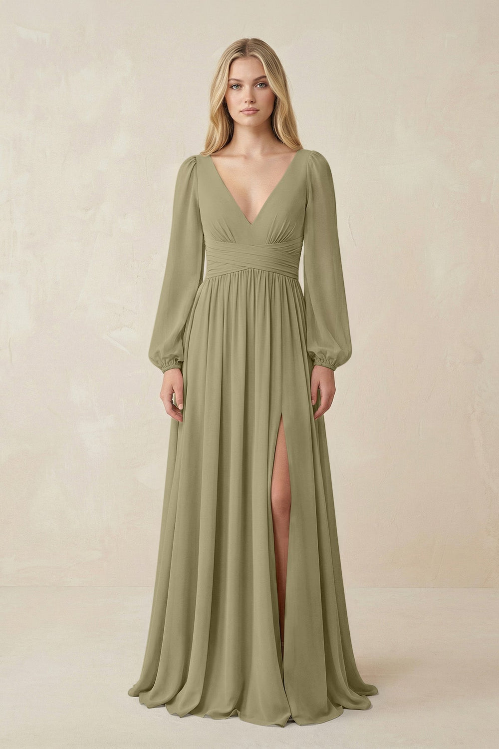V-Neck Long Sleeve A-Line Chiffon Bridesmaid Dress in Thyme - KISS BRIDAL BRIDESMAID DRESSES