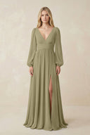 V-Neck Long Sleeve A-Line Chiffon Bridesmaid Dress in Thyme - SHE IS ME BRIDESMAID DRESSES