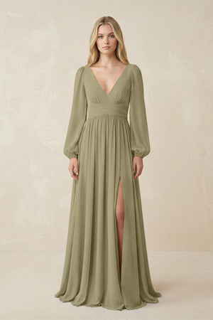 V-Neck Long Sleeve A-Line Chiffon Bridesmaid Dress in Thyme - SHE IS ME BRIDESMAID DRESSES