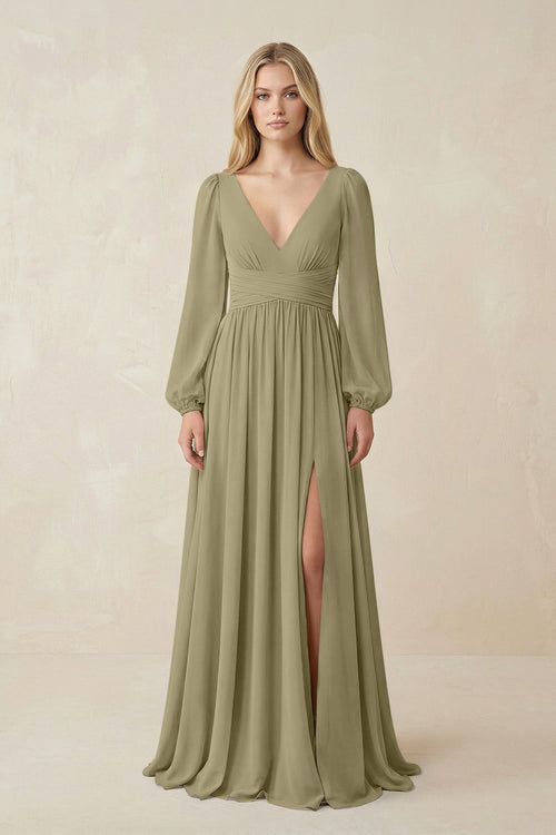 V-Neck Long Sleeve A-Line Chiffon Bridesmaid Dress in Thyme - SHE IS ME BRIDESMAID DRESSES