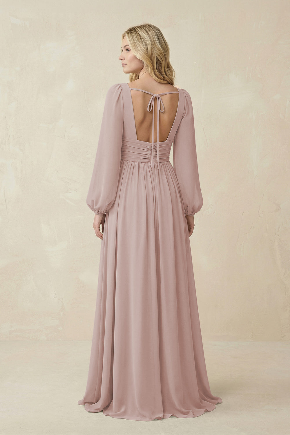 V-Neck Long Sleeve A-Line Chiffon Bridesmaid Dress in Toffee