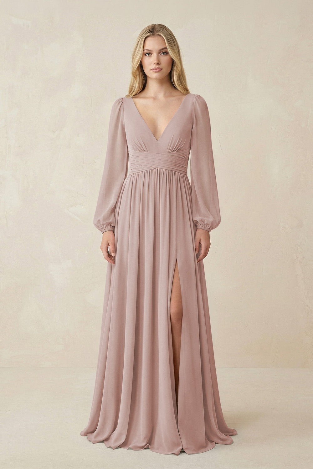 V-Neck Long Sleeve A-Line Chiffon Bridesmaid Dress in Toffee - KISS BRIDAL BRIDESMAID DRESSES