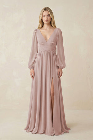 V-Neck Long Sleeve A-Line Chiffon Bridesmaid Dress in Toffee - SHE IS ME BRIDESMAID DRESSES