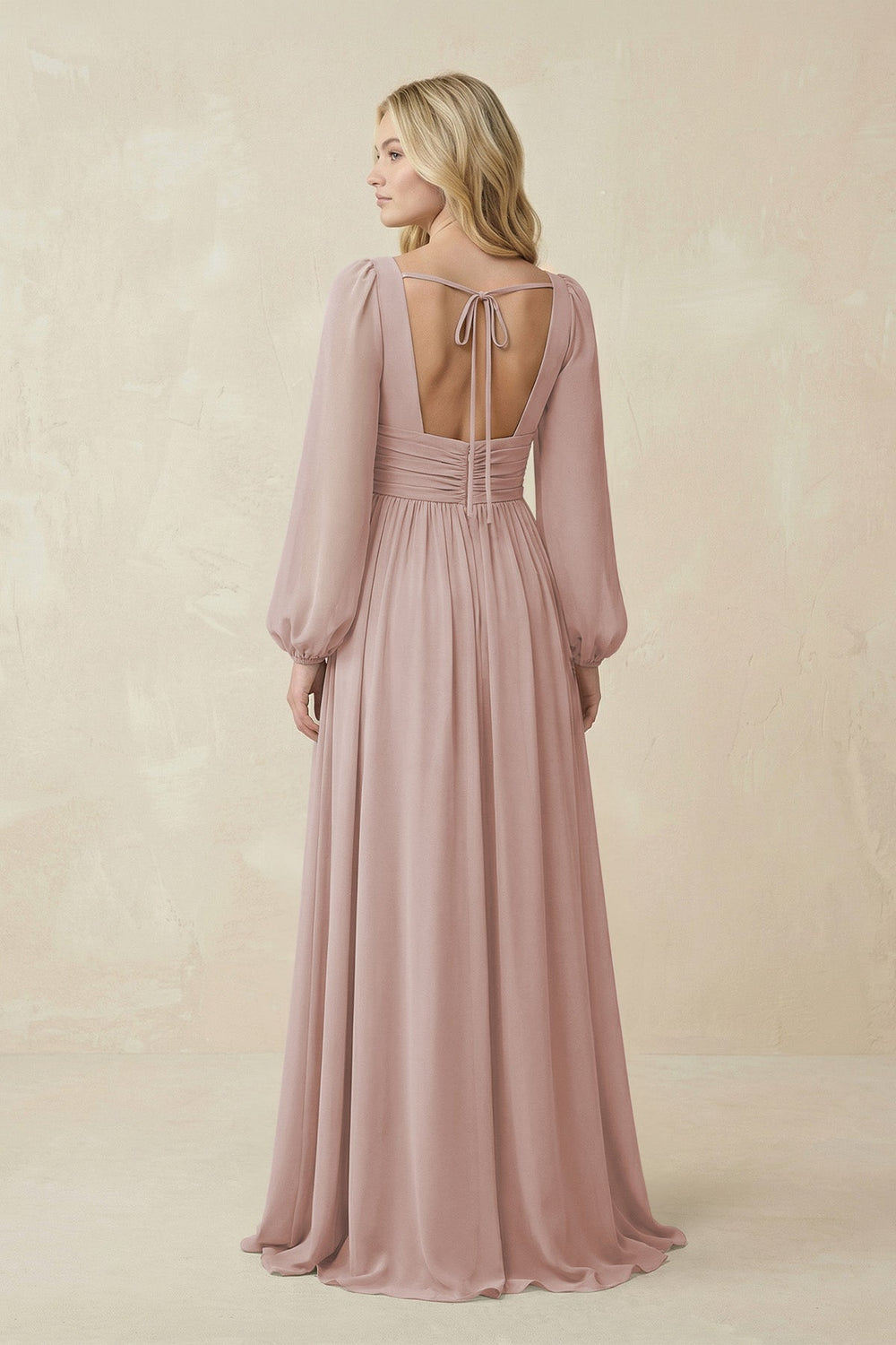 V-Neck Long Sleeve A-Line Chiffon Bridesmaid Dress in Toffee - KISS BRIDAL BRIDESMAID DRESSES