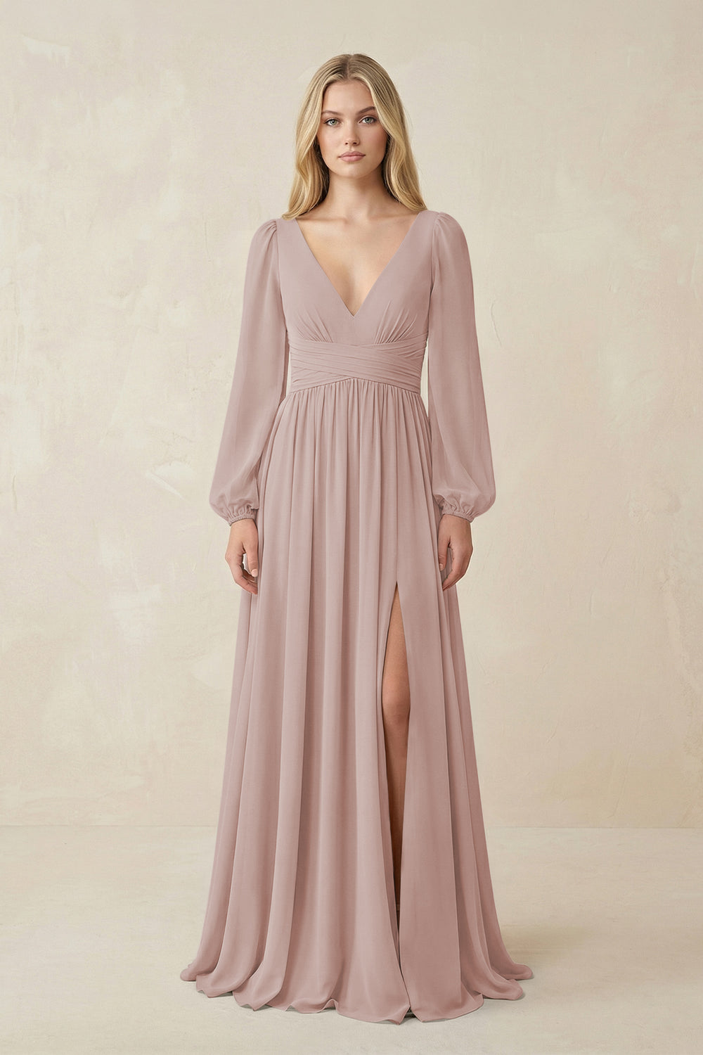V-Neck Long Sleeve A-Line Chiffon Bridesmaid Dress in Toffee