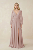 V-Neck Long Sleeve A-Line Chiffon Bridesmaid Dress in Toffee | KISSBRIDAL