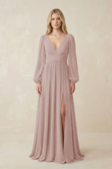 V-Neck Long Sleeve A-Line Chiffon Bridesmaid Dress in Toffee | KISSBRIDAL
