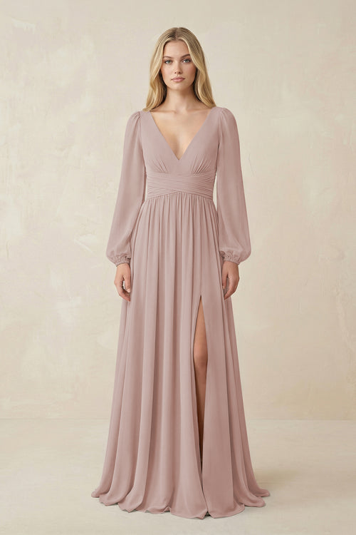 V-Neck Long Sleeve A-Line Chiffon Bridesmaid Dress in Toffee | KISSBRIDAL