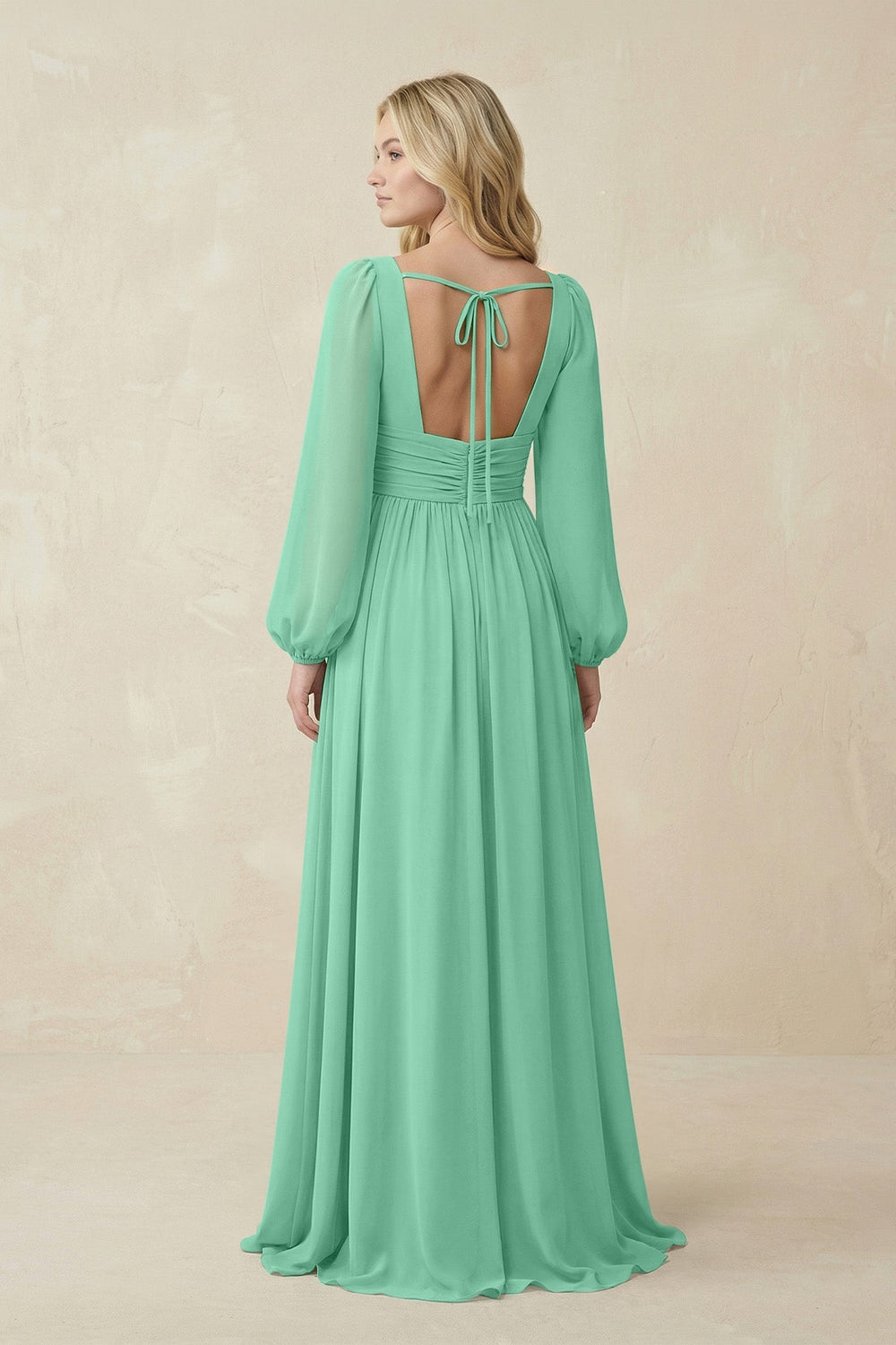 V-Neck Long Sleeve A-Line Chiffon Bridesmaid Dress in Turquoise - KISS BRIDAL BRIDESMAID DRESSES