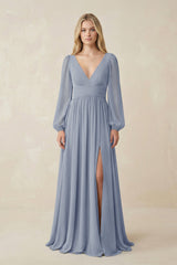 V-Neck Long Sleeve A-Line Chiffon Bridesmaid Dress in Twilight - KISS BRIDAL BRIDESMAID DRESSES