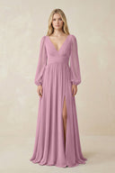 V-Neck Long Sleeve A-Line Chiffon Bridesmaid Dress in Vintage Mauve - SHE IS ME BRIDESMAID DRESSES