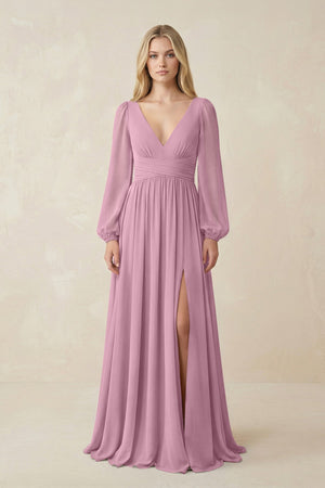 V-Neck Long Sleeve A-Line Chiffon Bridesmaid Dress in Vintage Mauve - SHE IS ME BRIDESMAID DRESSES