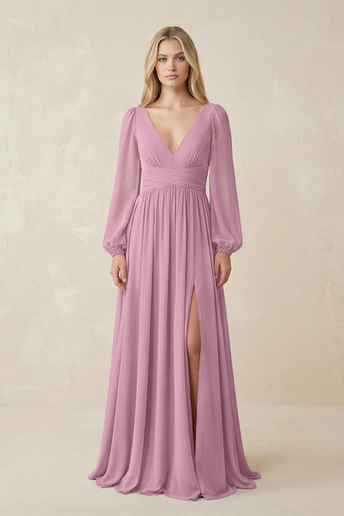 V-Neck Long Sleeve A-Line Chiffon Bridesmaid Dress in Vintage Mauve - SHE IS ME BRIDESMAID DRESSES