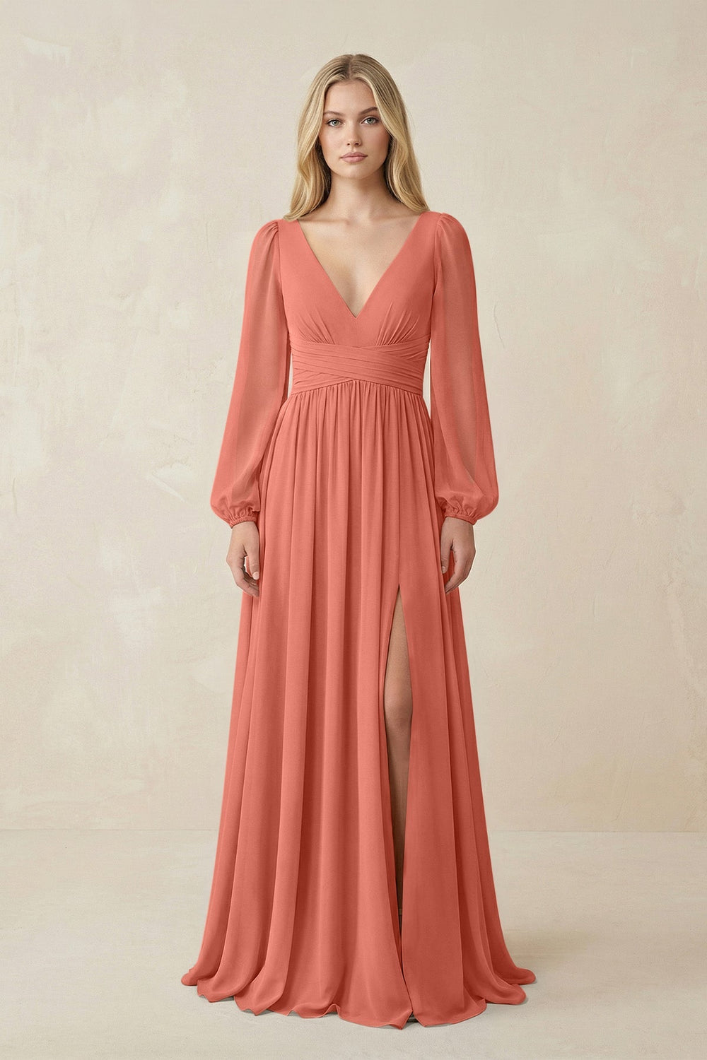 V-Neck Long Sleeve A-Line Chiffon Bridesmaid Dress in Wild Rose - KISS BRIDAL BRIDESMAID DRESSES