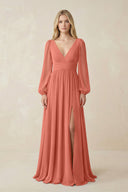 V-Neck Long Sleeve A-Line Chiffon Bridesmaid Dress in Wild Rose - SHE IS ME BRIDESMAID DRESSES