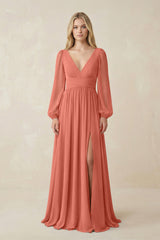 V-Neck Long Sleeve A-Line Chiffon Bridesmaid Dress in Wild Rose - KISS BRIDAL BRIDESMAID DRESSES