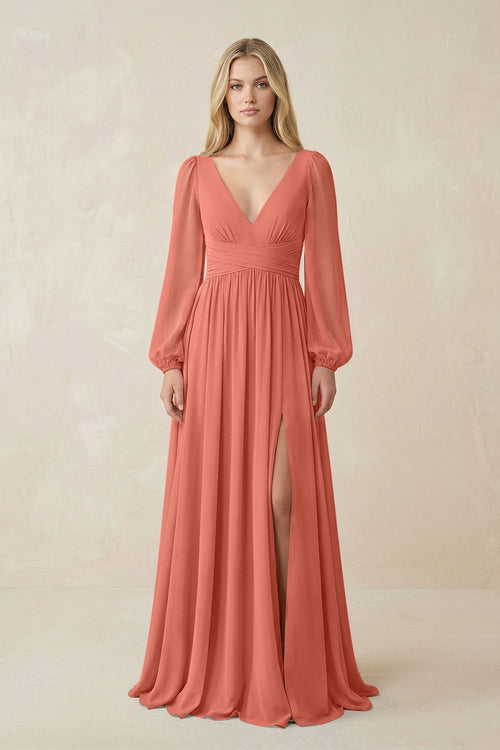 V-Neck Long Sleeve A-Line Chiffon Bridesmaid Dress in Wild Rose - SHE IS ME BRIDESMAID DRESSES