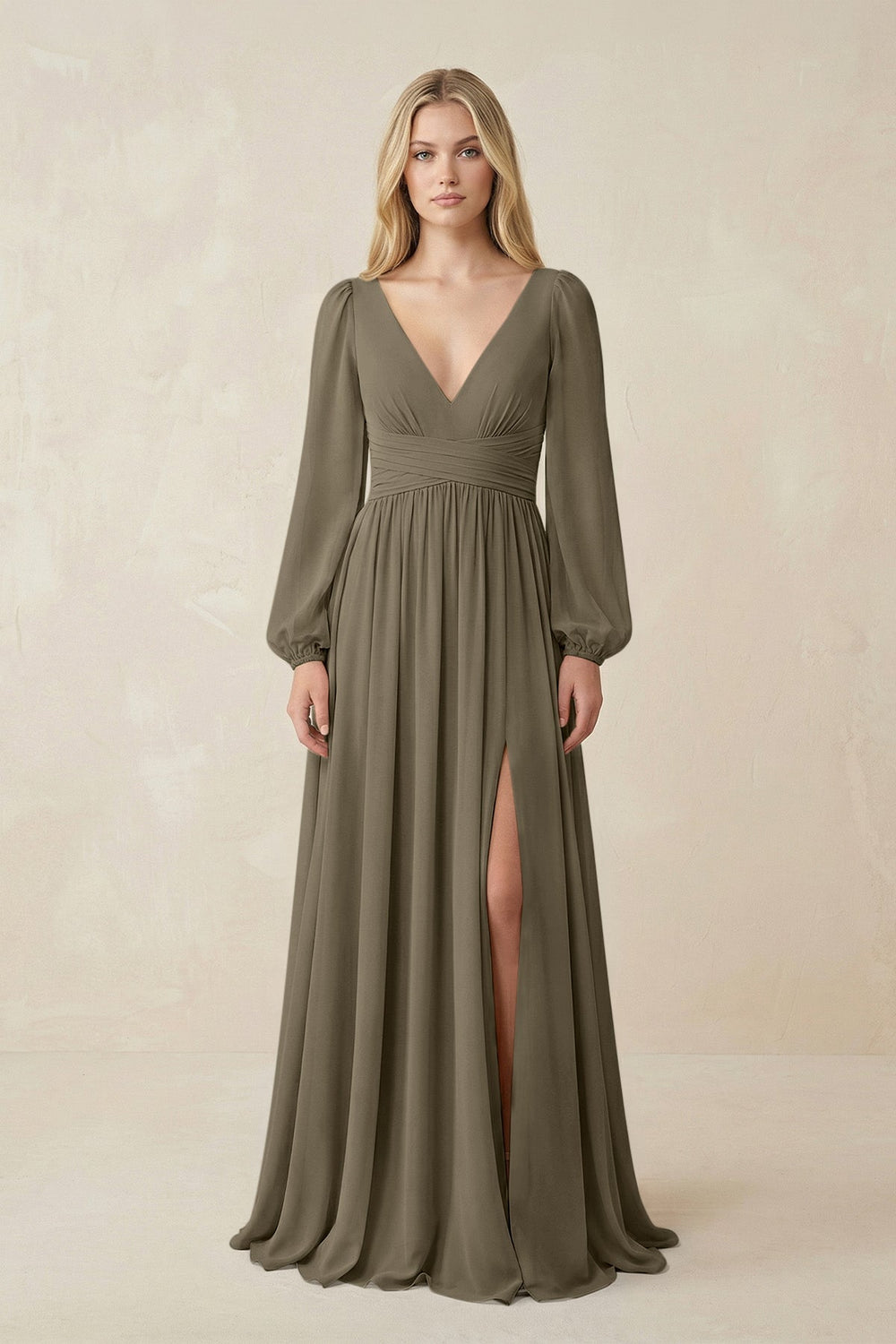 V-Neck Long Sleeve A-Line Chiffon Bridesmaid Dress in Willow Green - KISS BRIDAL BRIDESMAID DRESSES
