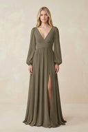 V-Neck Long Sleeve A-Line Chiffon Bridesmaid Dress in Willow Green - SHE IS ME BRIDESMAID DRESSES
