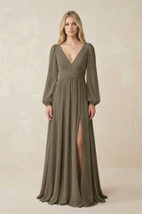 V-Neck Long Sleeve A-Line Chiffon Bridesmaid Dress in Willow Green - KISS BRIDAL BRIDESMAID DRESSES