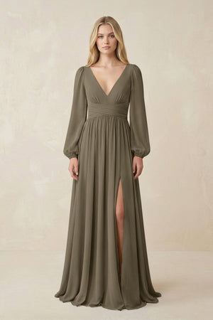 V-Neck Long Sleeve A-Line Chiffon Bridesmaid Dress in Willow Green - SHE IS ME BRIDESMAID DRESSES