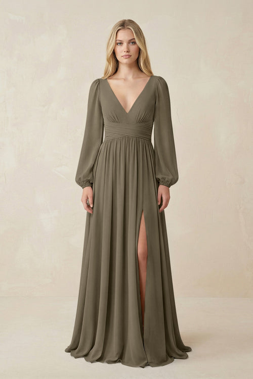 V-Neck Long Sleeve A-Line Chiffon Bridesmaid Dress in Willow Green - SHE IS ME BRIDESMAID DRESSES
