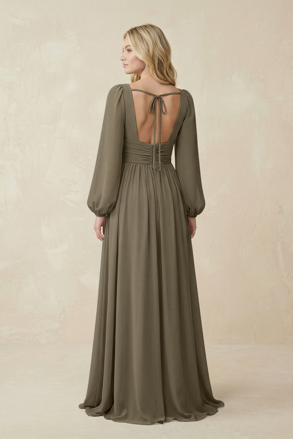 V-Neck Long Sleeve A-Line Chiffon Bridesmaid Dress in Willow Green - KISS BRIDAL BRIDESMAID DRESSES