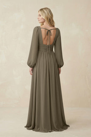 V-Neck Long Sleeve A-Line Chiffon Bridesmaid Dress in Willow Green - SHE IS ME BRIDESMAID DRESSES