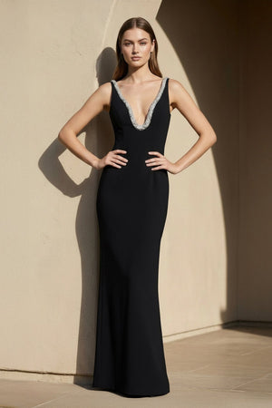 V Neck Maxi Dress With Beading in Black - SHE IS ME