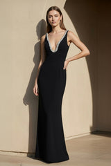 V Neck Maxi Dress With Beading in Black - KISS BRIDAL