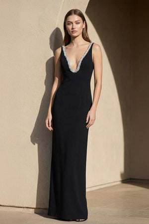 V Neck Maxi Dress With Beading in Black - SHE IS ME