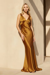 V Neck Maxi Dress With Bowknot in Marigold - KISSBRIDAL
