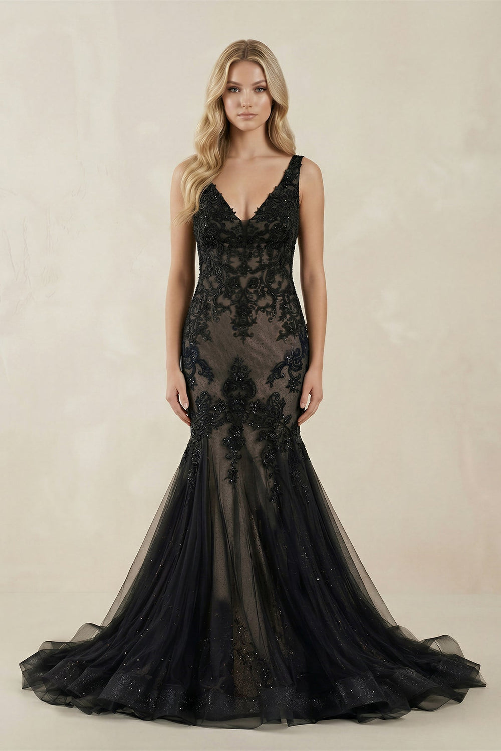 V - Neck Mermaid Appliqued Tulle Wedding Dress in Black - KISS BRIDAL Wedding Dresses