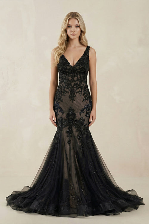 V - Neck Mermaid Appliqued Tulle Wedding Dress in Black - SHE IS ME Wedding Dresses
