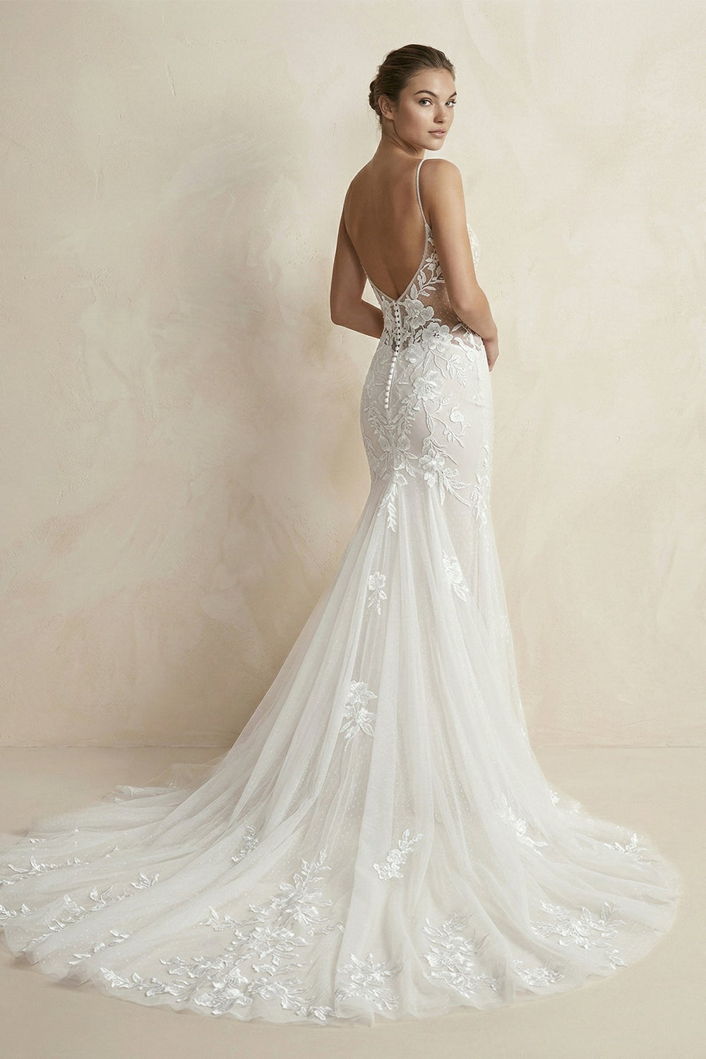 V Neck Mermaid Lace Appliqued Wedding Dress in White - KISS BRIDAL Wedding Dresses