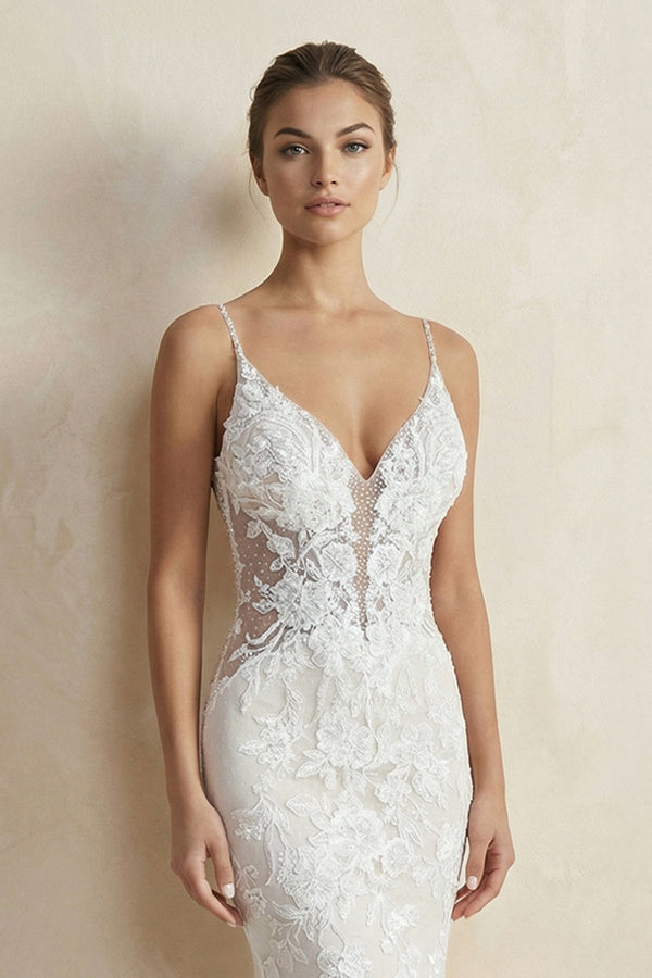 V Neck Mermaid Lace Appliqued Wedding Dress in White - SHE IS ME Wedding Dresses