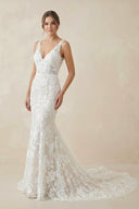 V Neck Mermaid Lace Wedding Dress in White and Nude - SHE IS ME Wedding Dresses