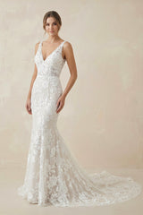 V Neck Mermaid Lace Wedding Dress in White and Nude - KISS BRIDAL Wedding Dresses