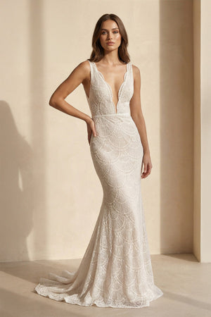 V Neck Mermaid Lace Wedding Dress in White and Nude - SHE IS ME Wedding Dresses