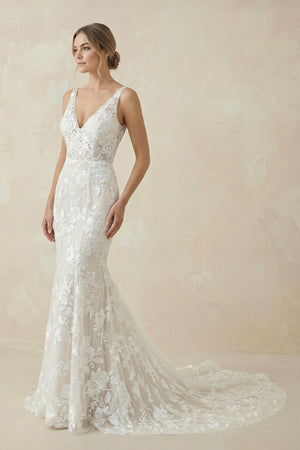 V Neck Mermaid Lace Wedding Dress in White and Nude - SHE IS ME Wedding Dresses
