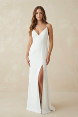 V Neck Mermaid Satin Maxi Wedding Dress With Slit - KISS BRIDAL Wedding Dresses