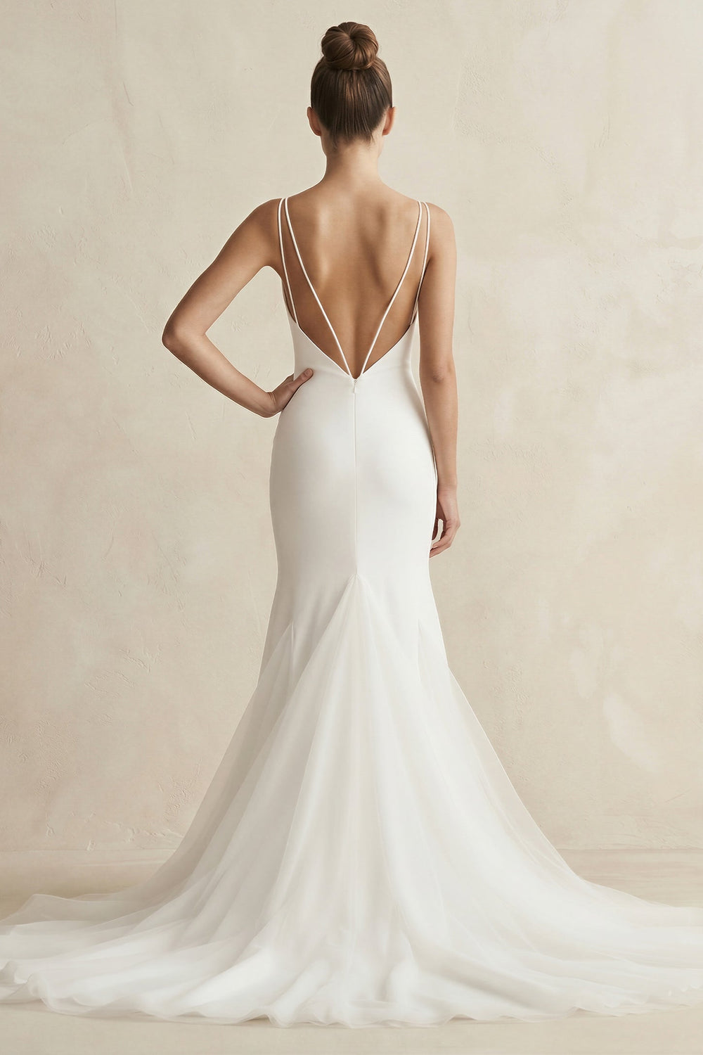 V - Neck Mermaid Satin Ruched Wedding Dress in White - KISS BRIDAL Wedding Dresses