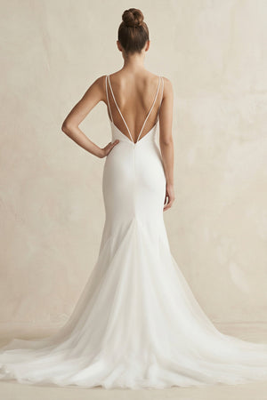 V - Neck Mermaid Satin Ruched Wedding Dress in White - SHE IS ME Wedding Dresses