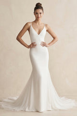V - Neck Mermaid Satin Ruched Wedding Dress in White - KISS BRIDAL Wedding Dresses