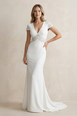 V Neck Mermaid Short Sleeves Satin Wedding Dress in White - KISS BRIDAL Wedding Dresses