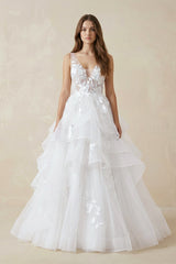V - Neck Organza A - Line Wedding Dress with Appliqué - KISS BRIDAL Wedding Dresses