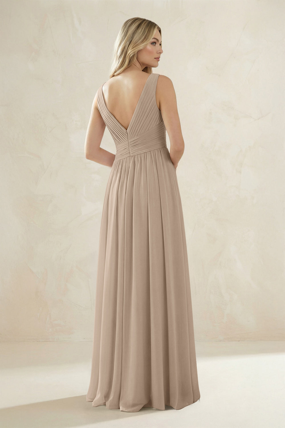 V-Neck Pleated A-Line Bridesmaid Dress in Almond