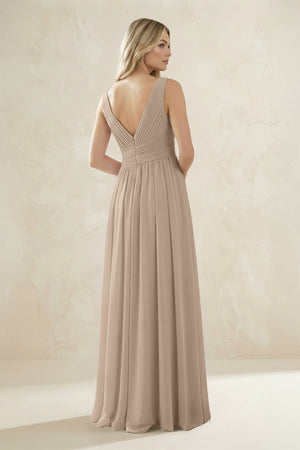 V-Neck Pleated A-Line Bridesmaid Dress in Almond (2) | KISSBRIDAL