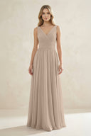 V - Neck Pleated A - Line Bridesmaid Dress in Almond - SHE IS ME Bridesmaid Dresses